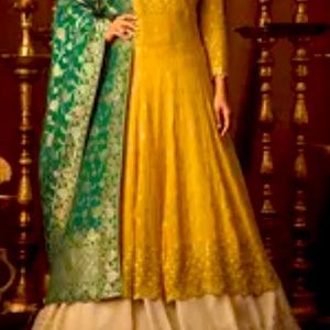 Embroidered georgette lehenga in mustard with banaras dupatta, size medium